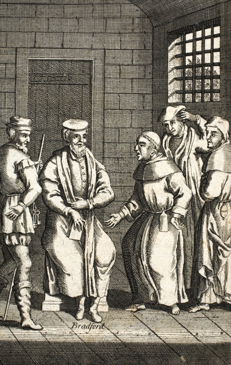 To spanske munke taler med hr. Bradford, illustration fra Foxes Martyrs c.1703 99:Foxes Book of martyrs; John Fox; c17th; Ræve; af English School