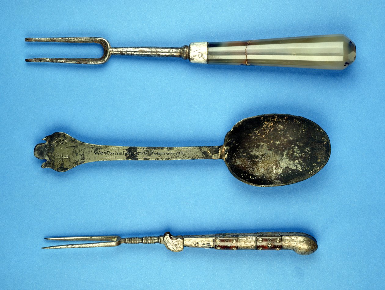 To gafler og en ske, 1600-tallet (uædle metal og agat) af English School