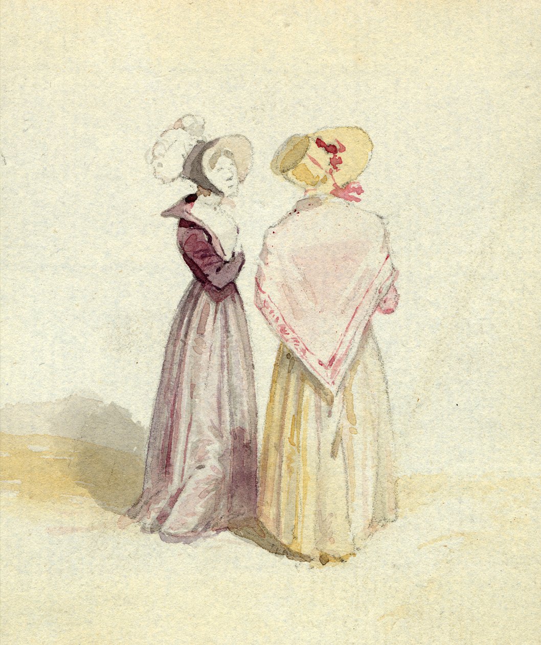To kvinder i huer, ca. 1825 (wc på papir) af English School