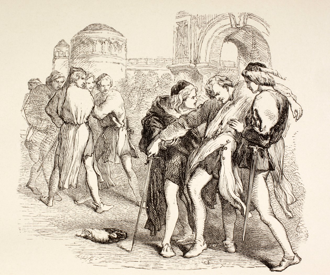 Tybalt er dødeligt såret af Romeo, illustration fra Romeo og Julie, fra 