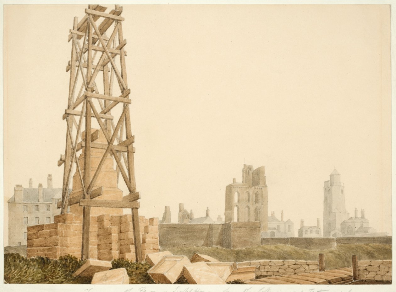 Tynemouth Priory og Lighthouse fra Collingwood Memorial af English School