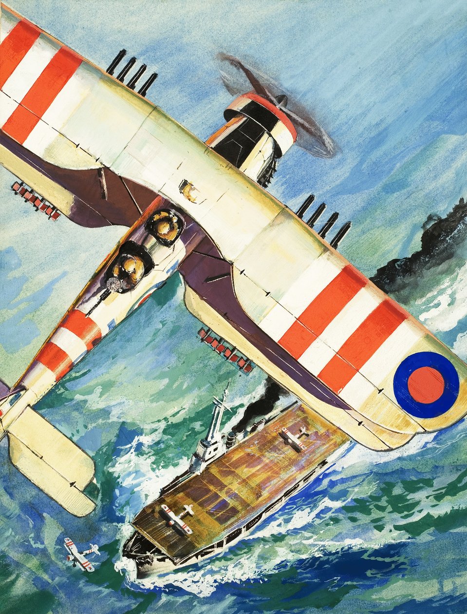 Uidentificeret bi-fly flyver over et hangarskib af English School