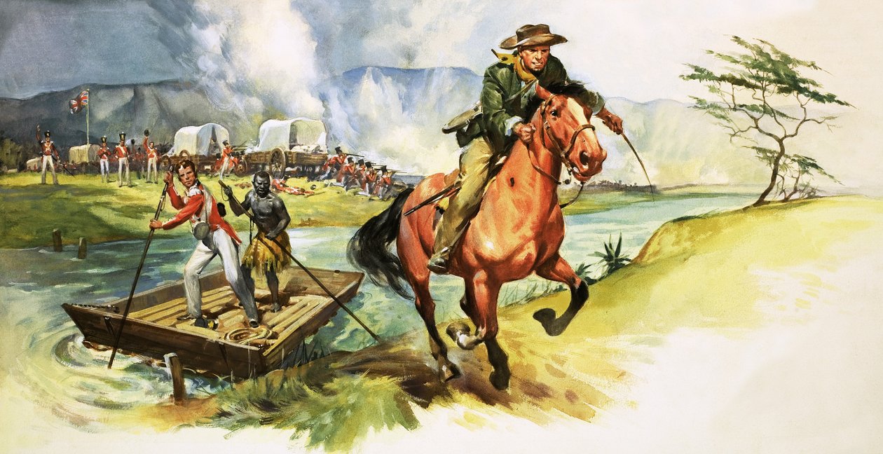 Uidentificeret cowboy rider væk fra floden med engelske soldater under angreb på den anden bred af English School