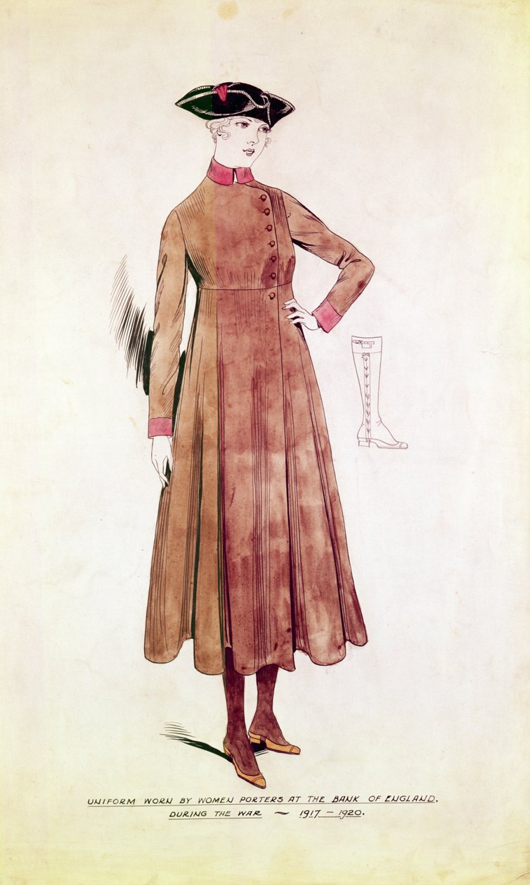 Uniform båret af kvindelige portører ved Bank of England 1917-20 (pen & blæk med wc på papir) af English School