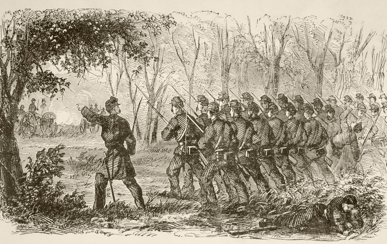 Unionssoldater på plateauet ved det første slag ved Bull Run (litho) af English School