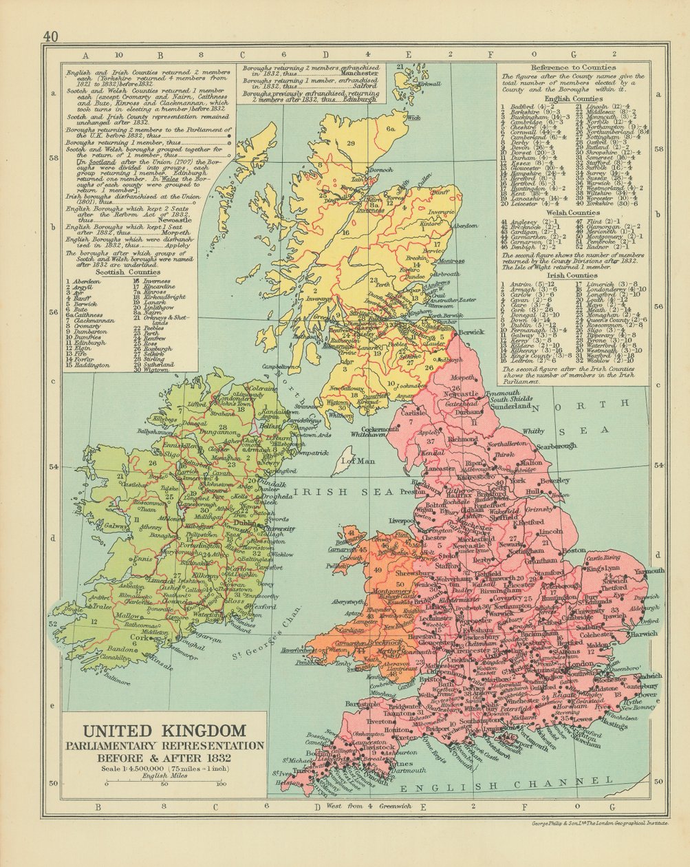 Storbritanniens parlamentariske repræsentation før og efter 1832 (farvelitografi) af English School