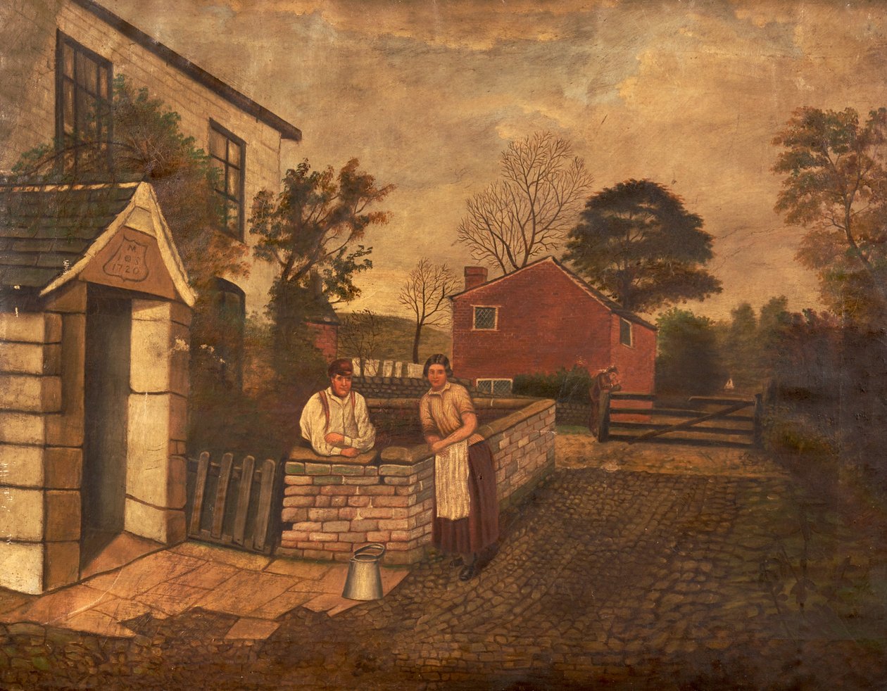Uden titel (tre figurer uden for et sommerhus dateret 1720), ca. 1830-70 af English School