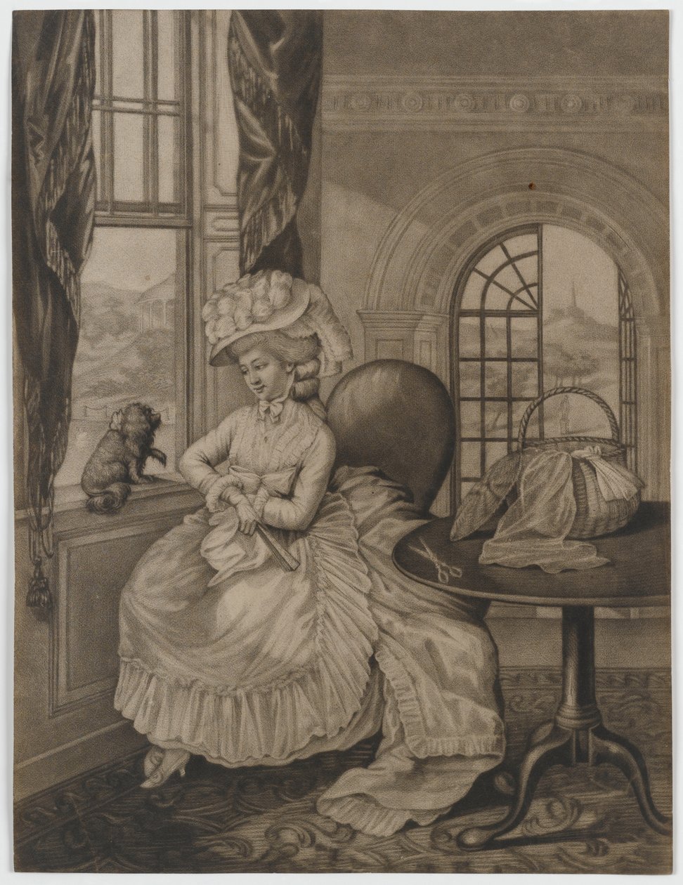 Uden titel (kvinde sidder ved et vindue angående en lille hund), ca. 1780 (mezzotint) af English School