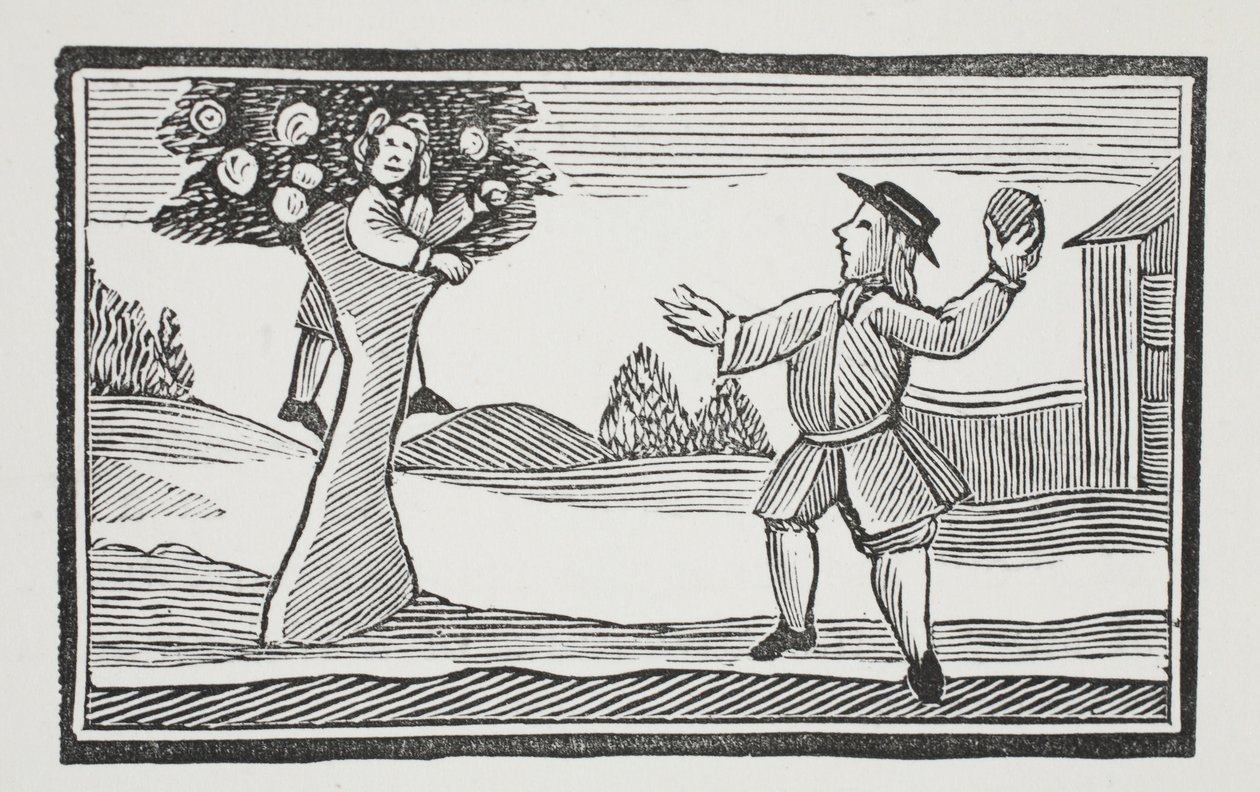 Up into the tree hur gets, illustration fra Chap-books of the Eighteenth Century af John Ashton, pub. 1882 af English School