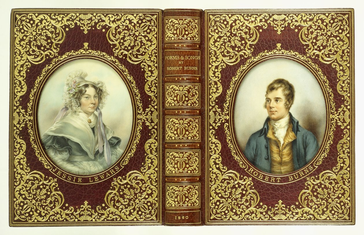 Øvre og nederste omslag og ryg med ovale portrætter af Robert Burns og Jessie Lewars af English School
