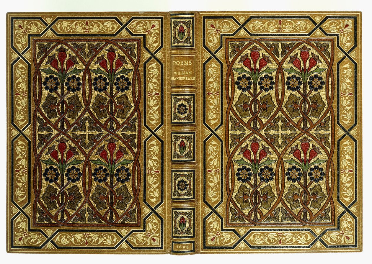 Øvre og nederste omslag, med blomster i art nouveau-sammenflettede geometriske mønstre, 1893 af English School