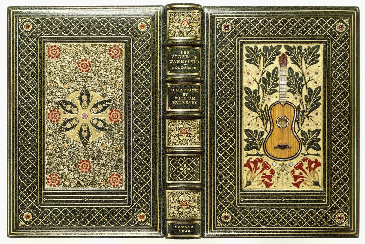 Øvre og nederste cover, med guitar og blomstermotiver, 1843 af English School