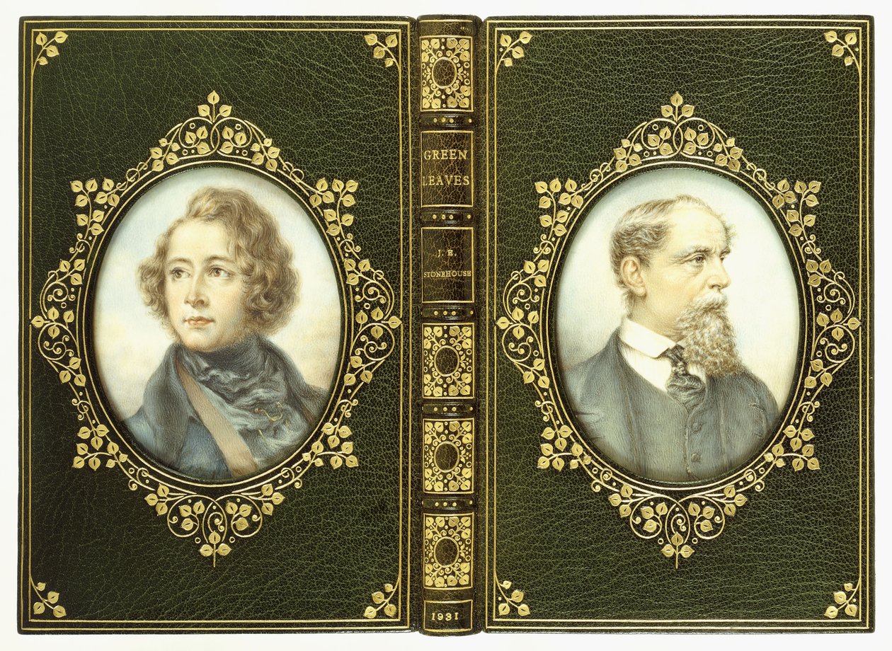 Øvre og nederste omslag med to ovale portrætter af Charles Dickens af English School