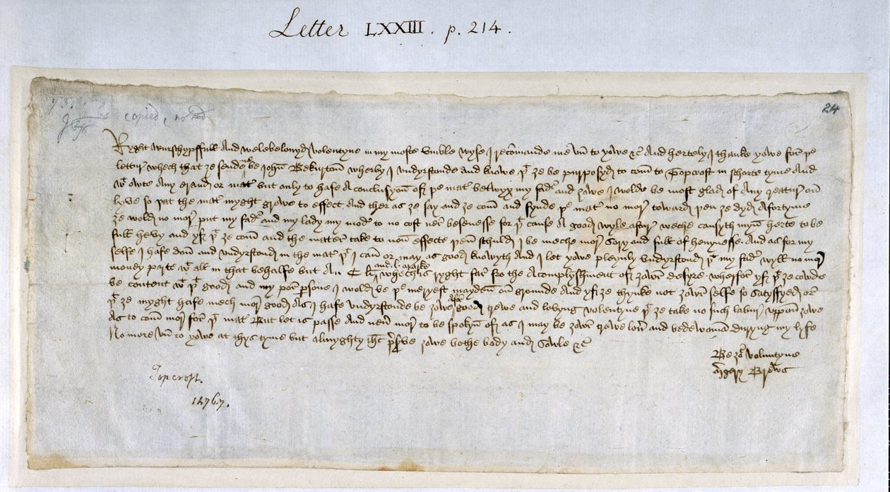 Valentinsbrev fra Margery Brews til John Paston III, februar 1477 (pen og blæk på papir) af English School