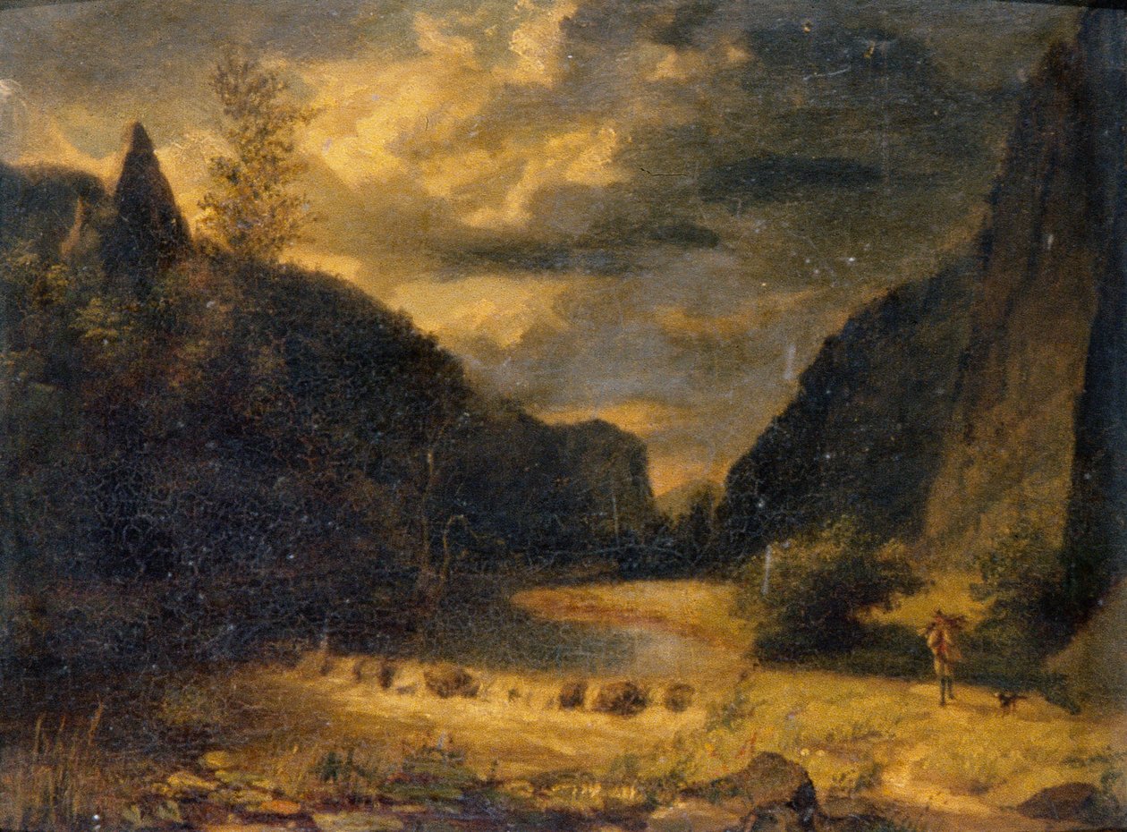 Valley Landscape, ca. 1850 (olie på panel) af English School