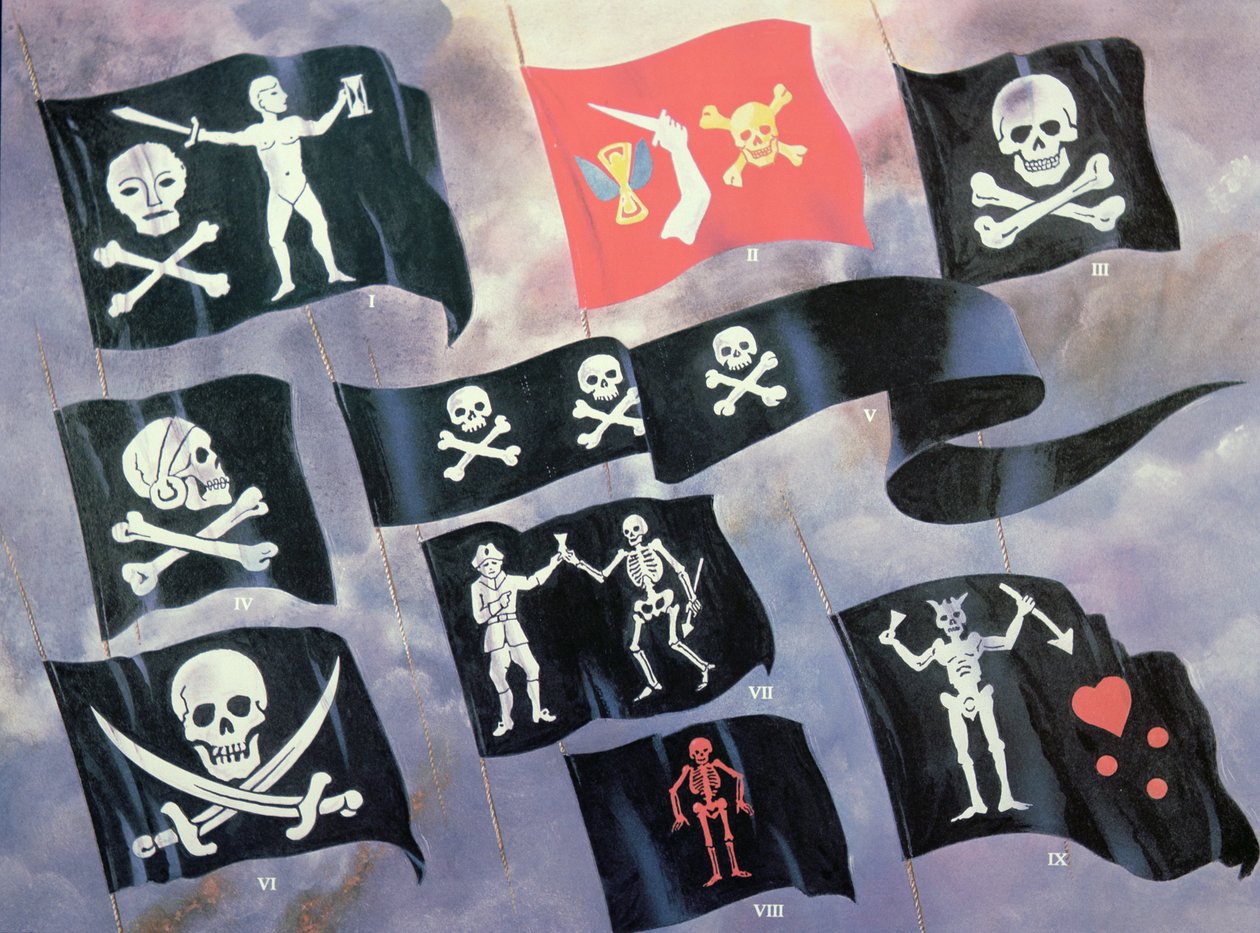 Forskellige flag brugt af berømte pirater (farve litho) af English School
