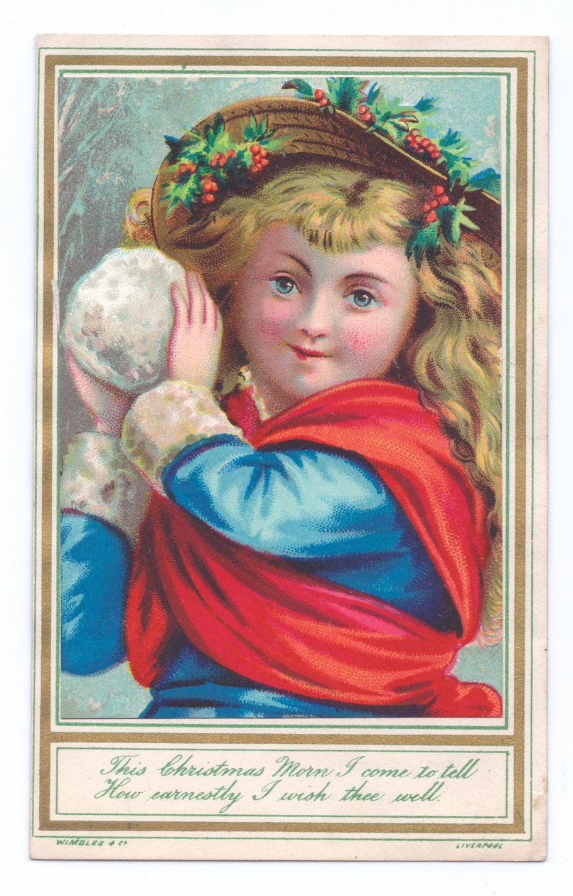 Victoriansk julekort af et barn, der bærer en hat med kristtorn, der holder en snebold, ca. 1880 (farve litho) af English School