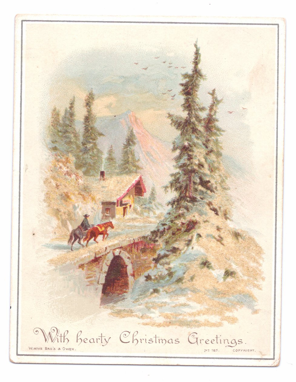 Victoriansk julekort af en mand og to heste, der krydser en bro, ca. 1880 (farve litho) af English School