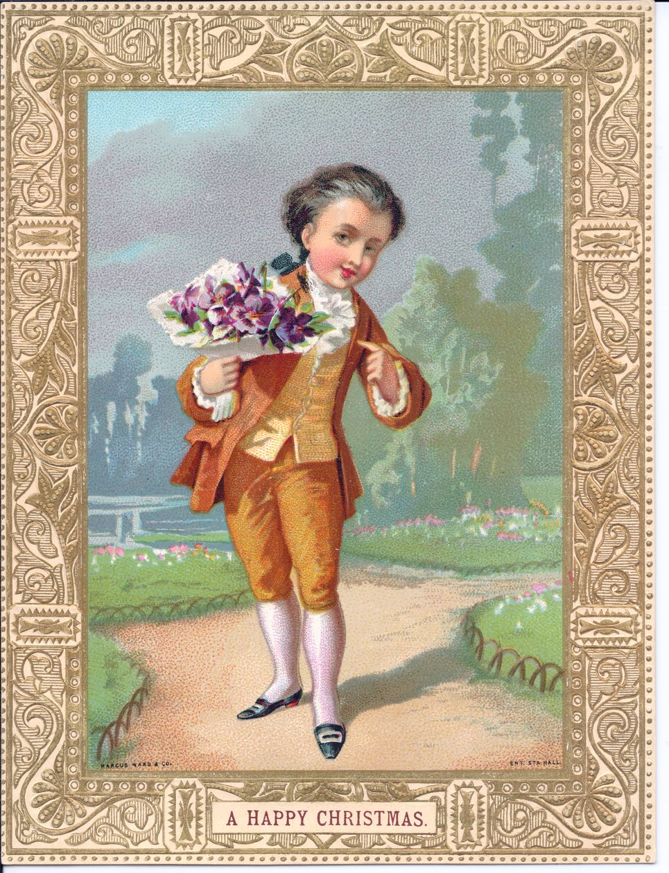 Victoriansk julekort af en ung dreng klædt i victoriansk tøj med en buket blomster, ca. 1880 (farve litho) af English School