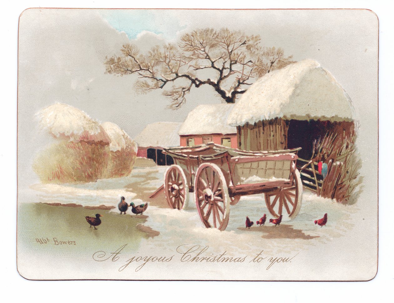 Victoriansk julekort med ænder og kylling nær en dam i en gård, ca. 1880 (farve litho) af English School