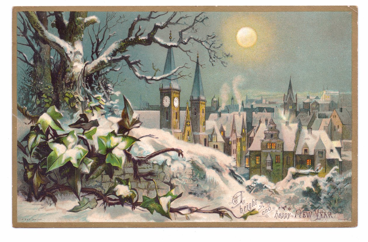 Victoriansk nytårskort af en kirke og huse på en sneklædt måneskin nat, ca. 1880 (farve litho) af English School