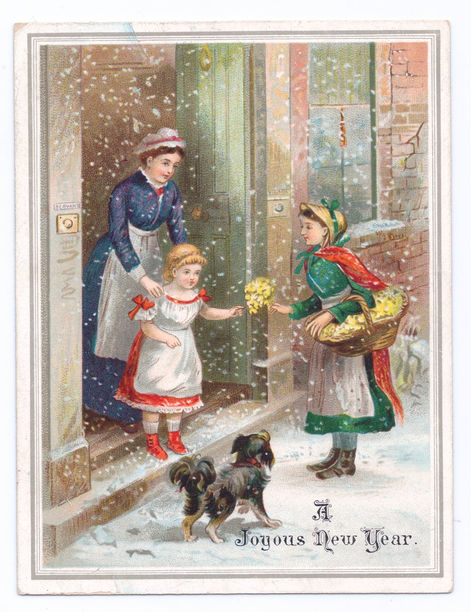Victoriansk nytårskort af en stuepige, der holder fast i en lille pige, mens hun køber blomster af en blomstersælger i den faldende sne, ca. 1880 (farve litho) af English School