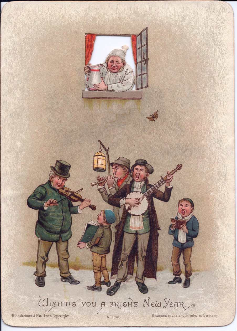Victoriansk nytårskort af en mand i natkjole, der forbereder sig på at hælde en kande vand på nogle gademusikanter nedenfor, ca. 1880 (farve litho) af English School