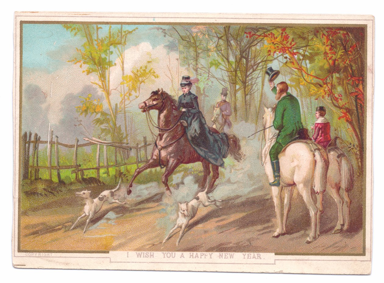 Victoriansk nytårskort med en kvinde til hest med to hunde, der bliver hilst på af et andet par, ca. 1880 (farvelitografi) af English School