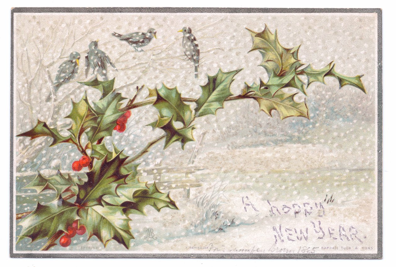 Victoriansk nytårskort med fugle på grene i den faldende sne, ca. 1880 (farve litho) af English School