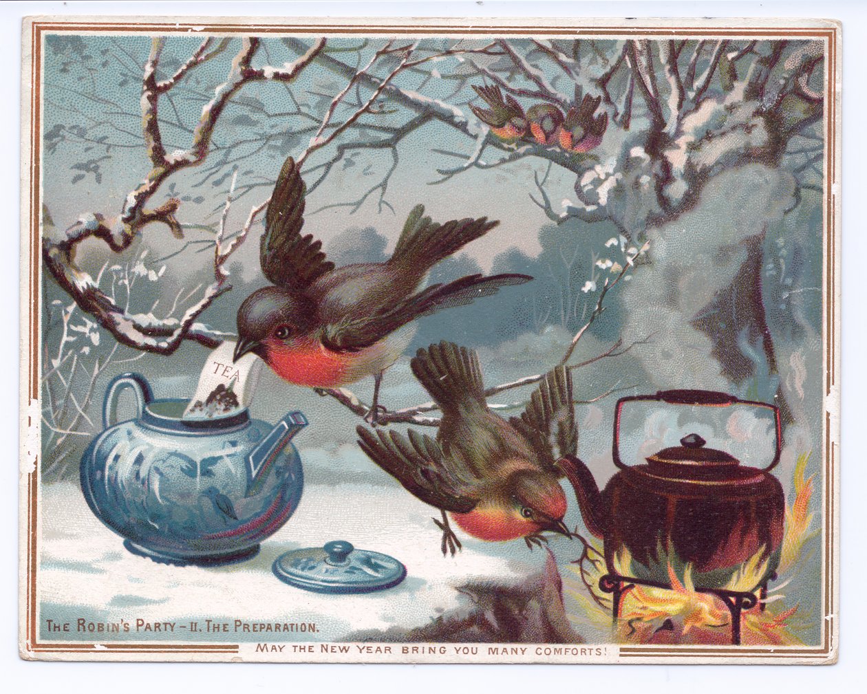 Victoriansk nytårskort med robiner, der laver te på en sneklædt vinternat, ca. 1880 (farve litho) af English School