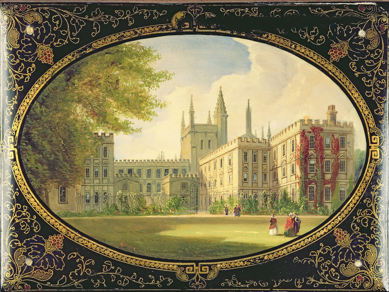 Victoriansk blotter dekoreret med en scene af Garden Quad of New College, Oxford (papier mache) af English School
