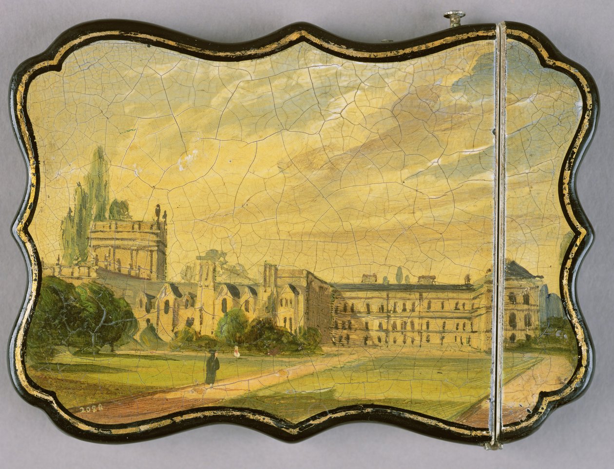 Victoriansk kortetui med en scene af Trinity College Gardens, Oxford (papier mache) af English School
