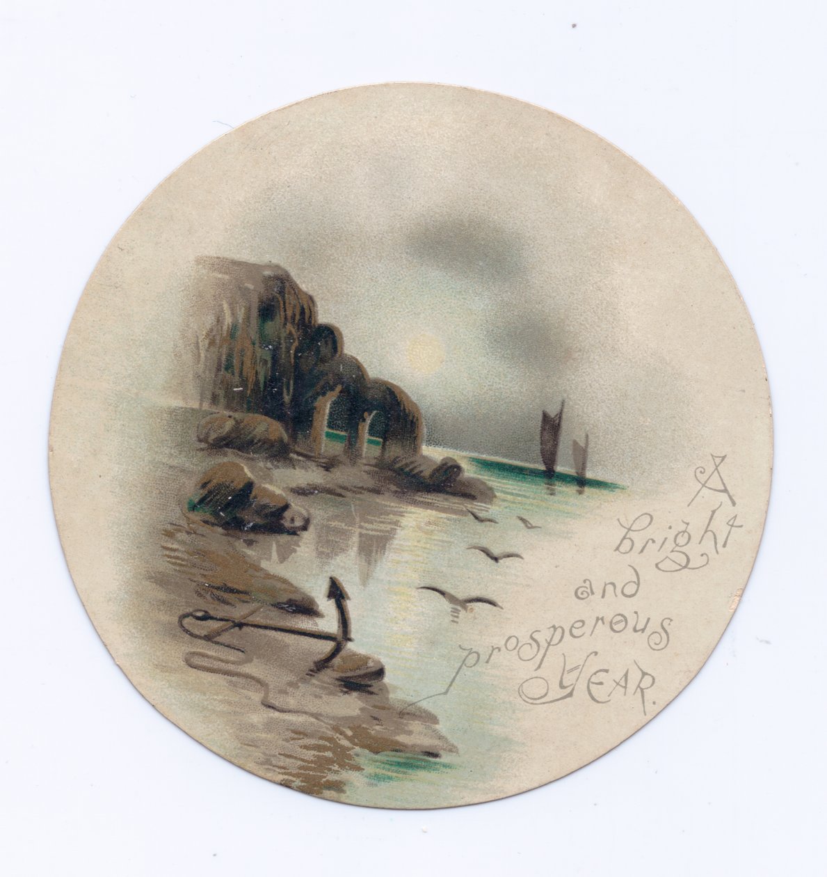 Victoriansk cirkulært nytårskort af et havlandskab med to yachter på en måneskin nat, ca. 1880 (farve litho) af English School