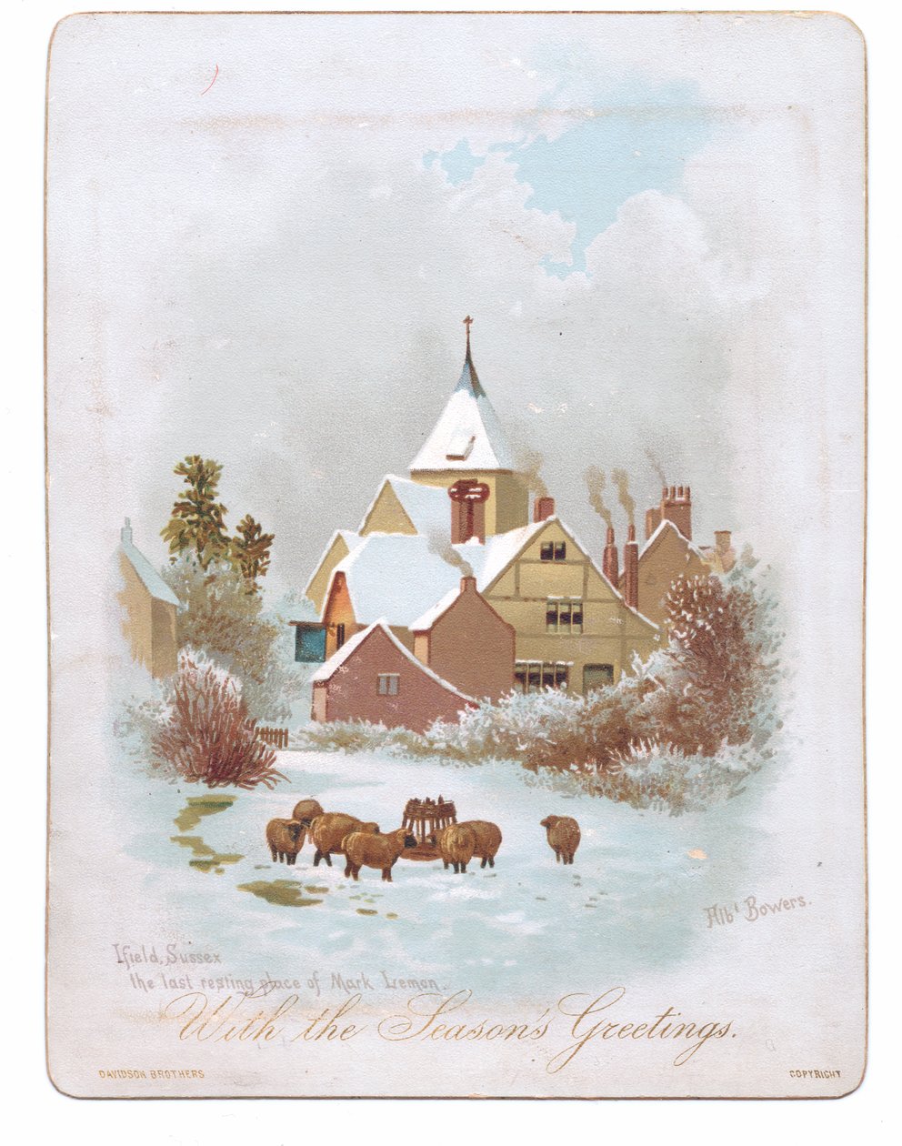 Victoriansk lykønskningskort med får, der vandrer nær en kirke i sneen, ca. 1880 (farve litho) af English School