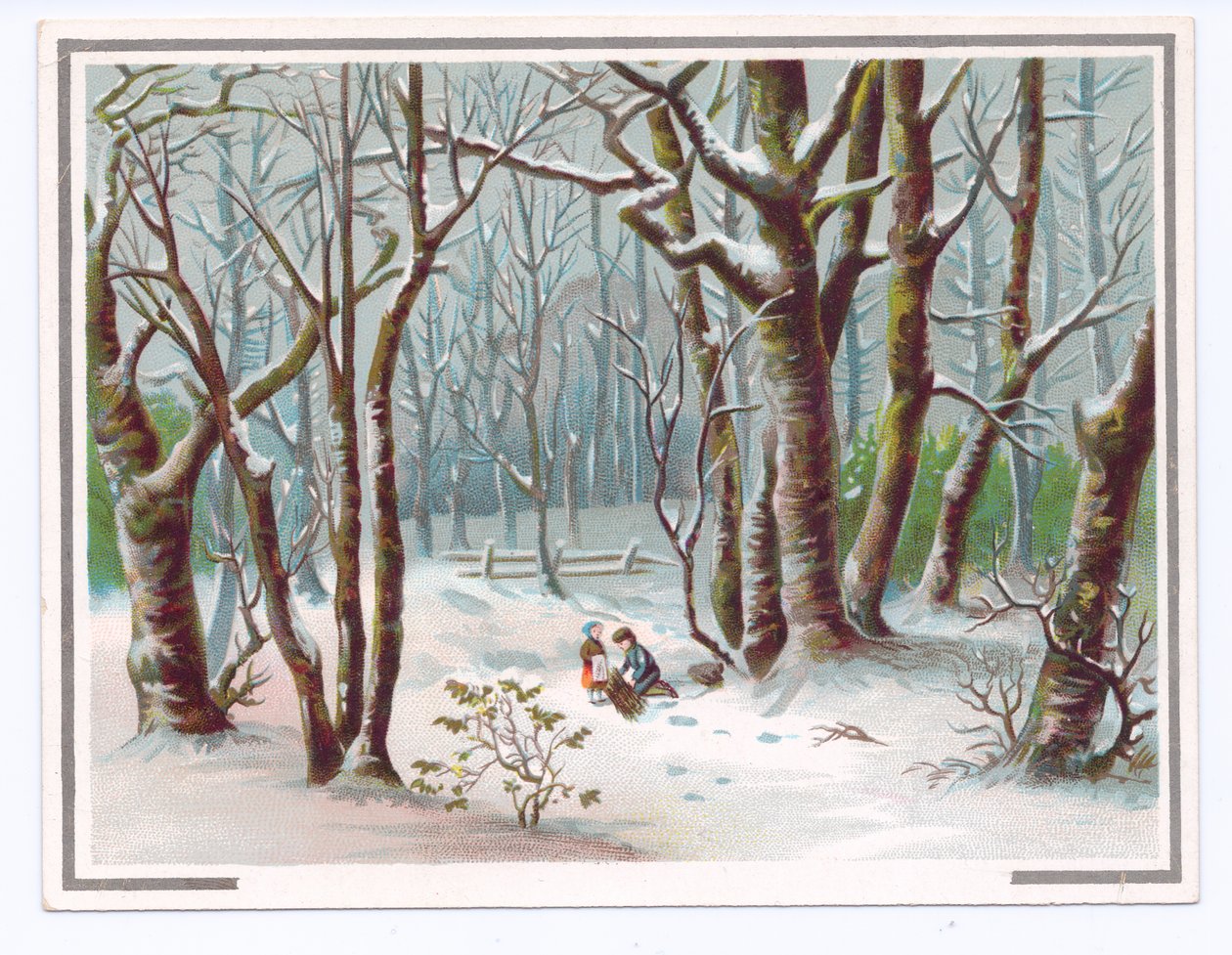 Victoriansk lykønskningskort af to børn, der samler grene i sneen, ca. 1880 (farve litho) af English School
