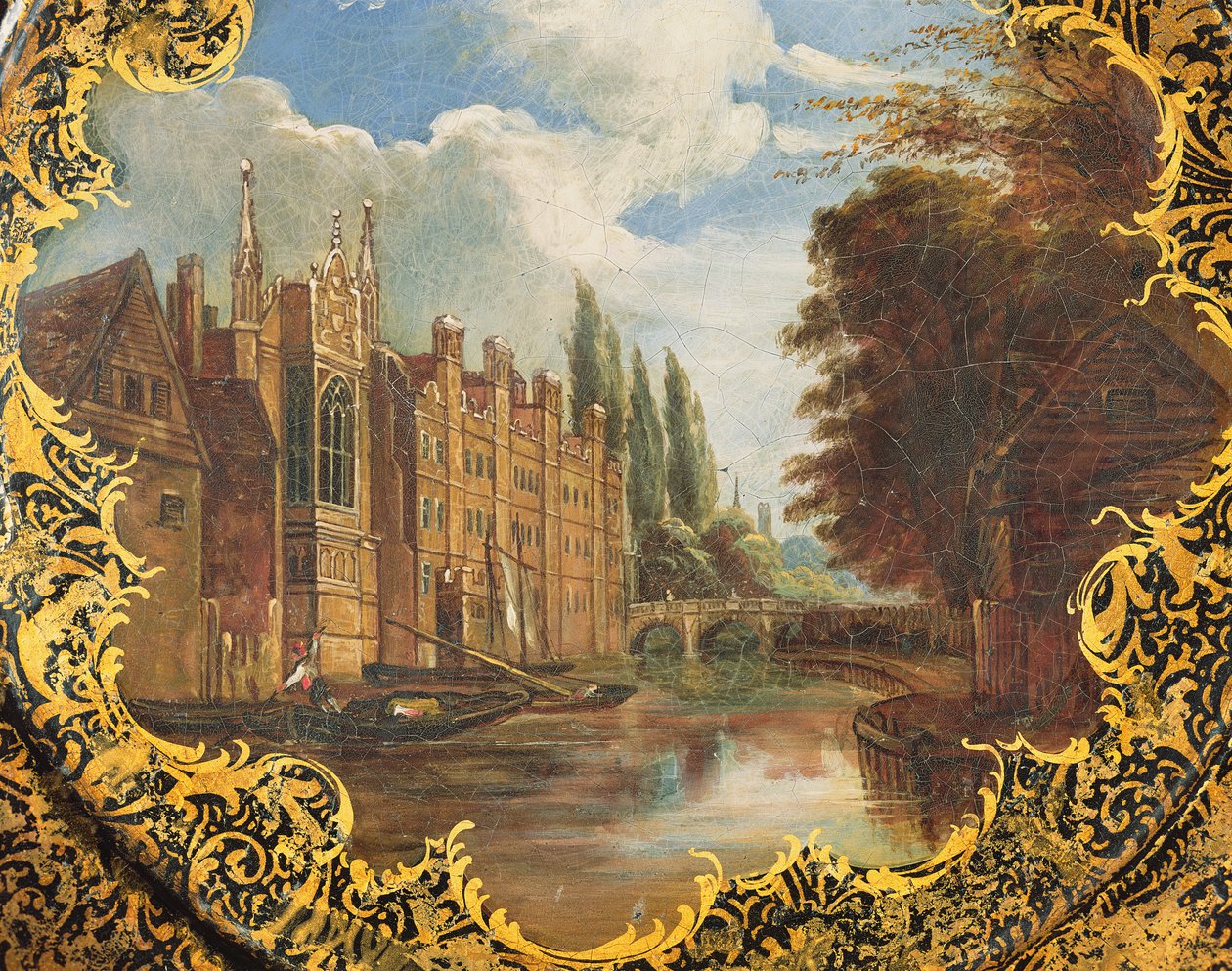Victoriansk tallerken dekoreret med en scene af St. Johns College, Cambridge, Third Court og dens bro (papier mache) af English School