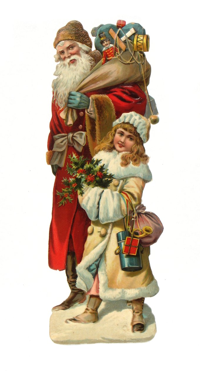 Victoriansk papirrelief af julemanden med gaver, ca. 1880 af English School