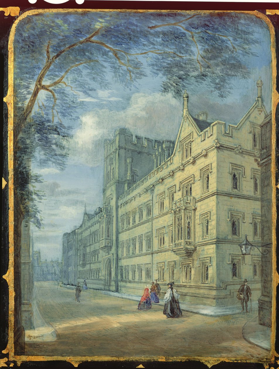 Victoriansk syskabspanel dekoreret med en scene fra Exeter College, Oxford (papier mache) af English School