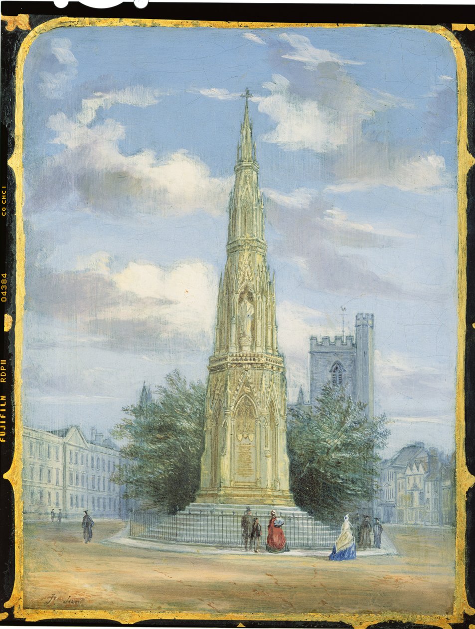 Victoriansk syskabspanel dekoreret med en scene af Martyrs Memorial, Oxford (papier mache) af English School