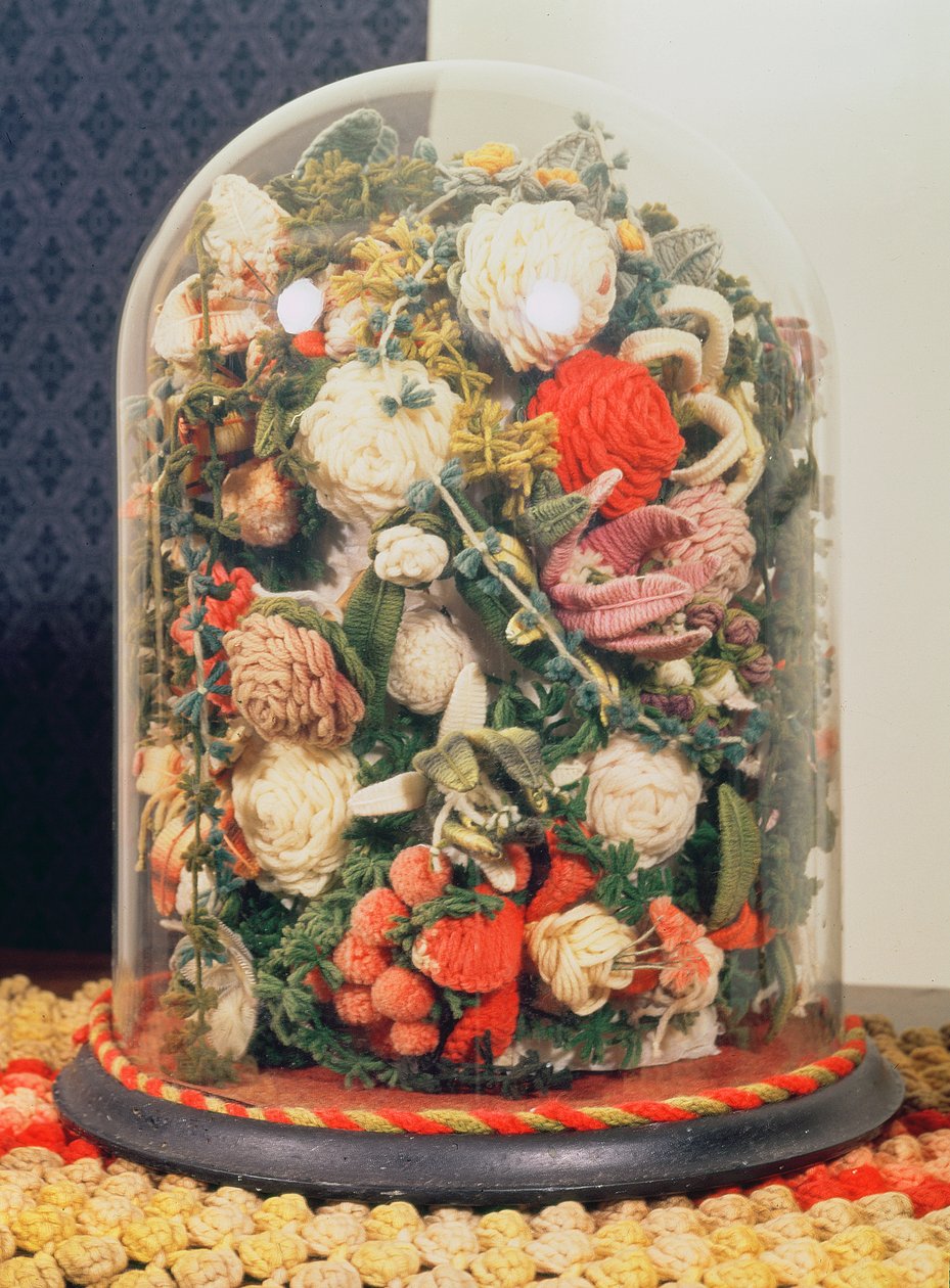 Victorianske uldne blomster i glasmontre (uld) af English School