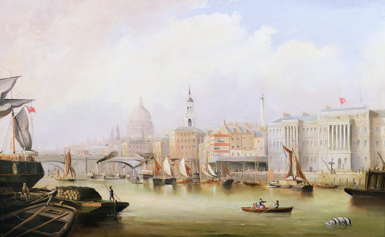 Se ned ad Themsen med Blackfriars og St. Pauls Cathedral Beyond af English School