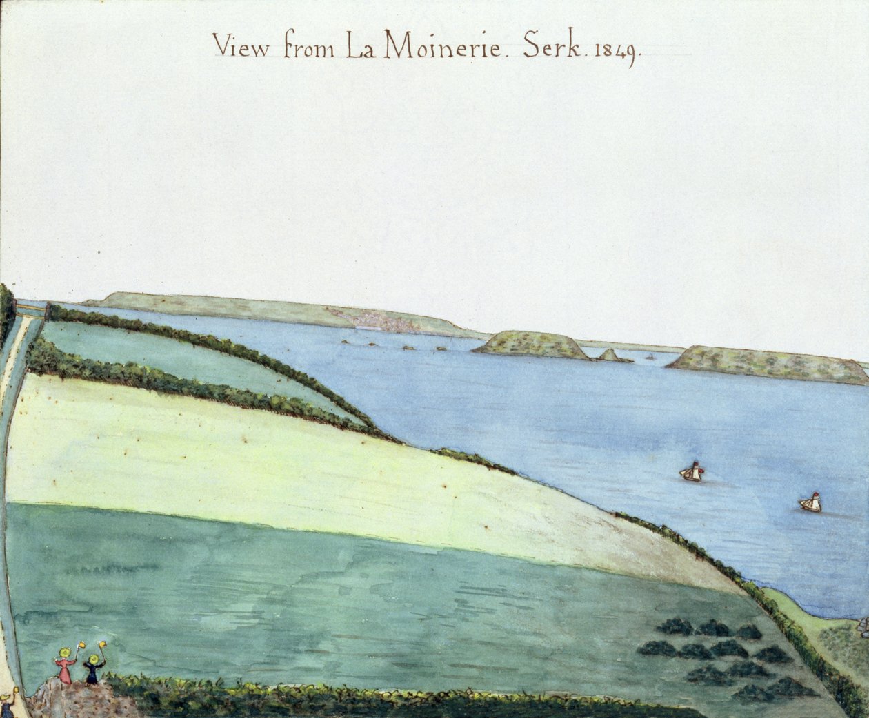 Udsigt fra la Moinerie, Serk, 1849 (wc på papir) af English School