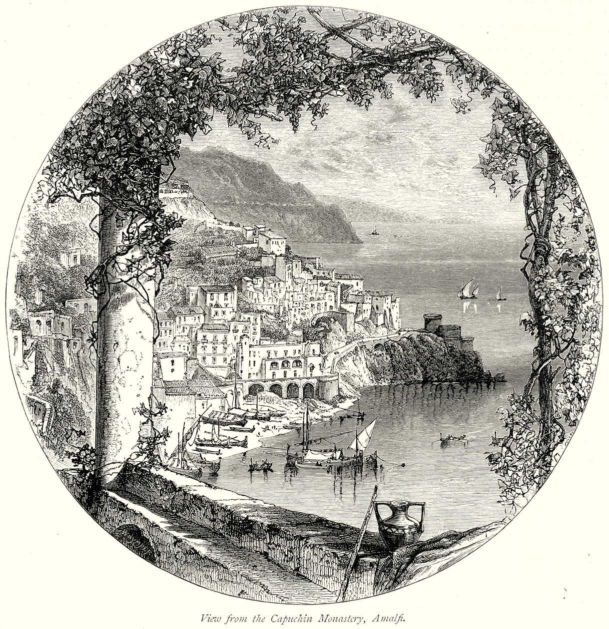 Udsigt fra kapucinerklosteret, Amalfi (kobberstik) af English School