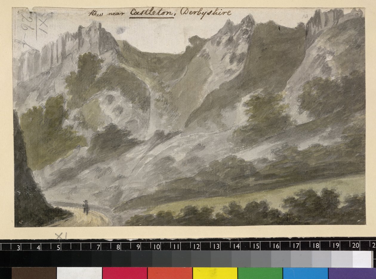 Udsigt nær Castleton, Derbyshire, ca. 1790 (akvarel over blyant på papir) af English School