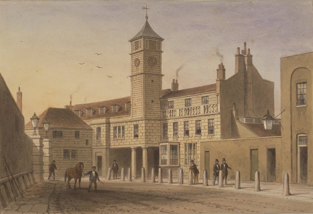 Udsigt over Bridge House i Bridge Yard, Tooley Street, 1846 (wc på papir) af English School