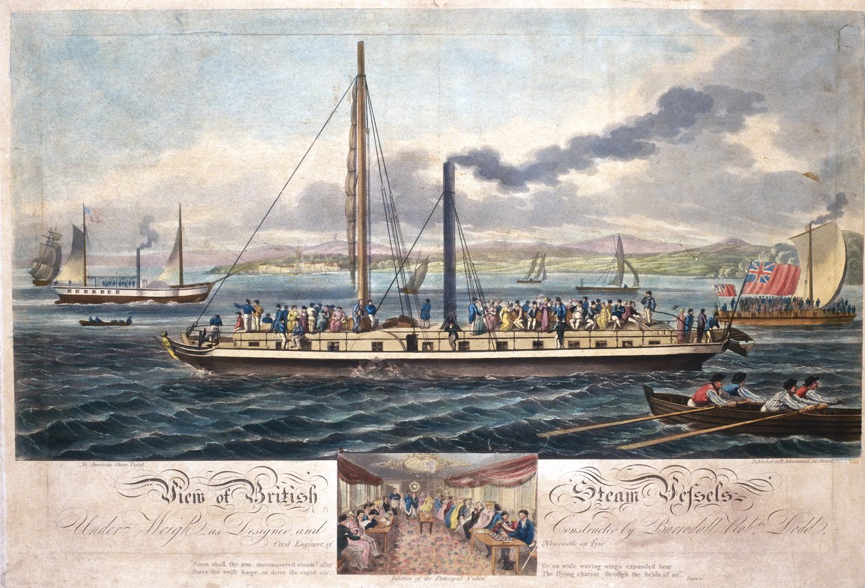 Udsigt over britiske dampfartøjer, udgivet af R. Ackermann, 1820-51 (farvet akvatint) af English School