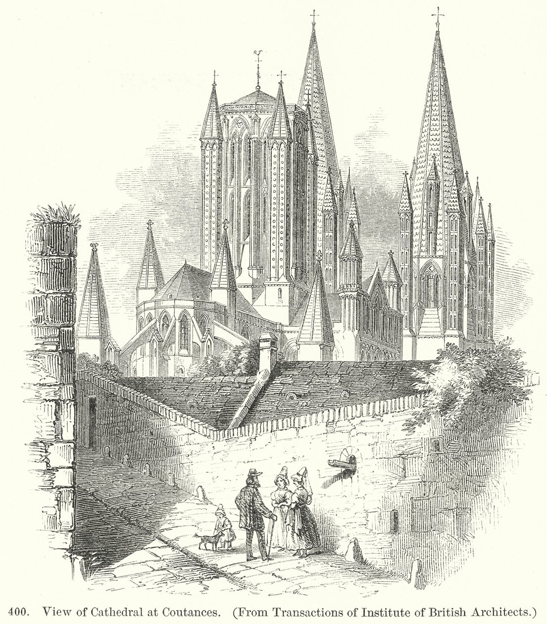 Udsigt til katedralen i Coutances (kobberstik) af English School