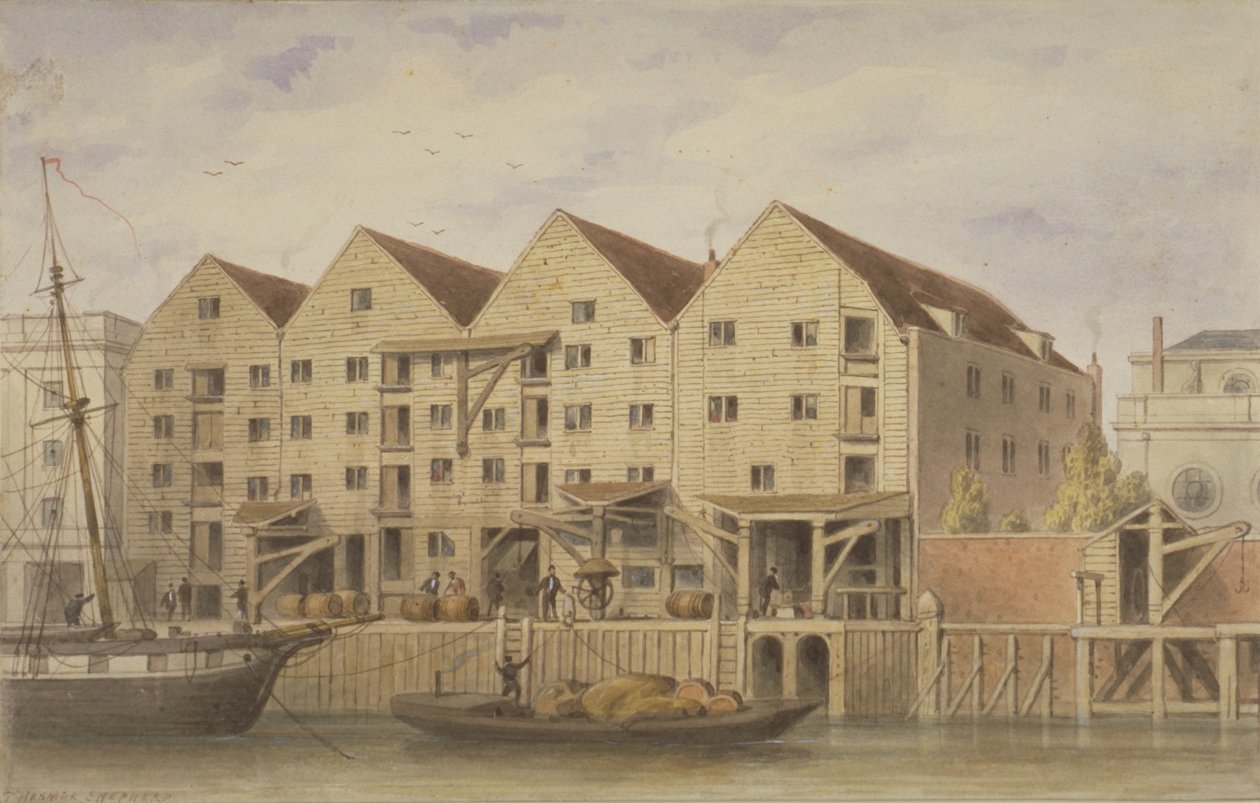 Udsigt over Chamberlains Wharf, Tooley Street, 1846 (wc på papir) af English School