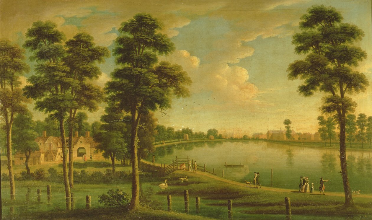 Udsigt over Chelsea Reservoir og Waterworks, med Westminster Abbey i det fjerne, ca. 1725 af English School