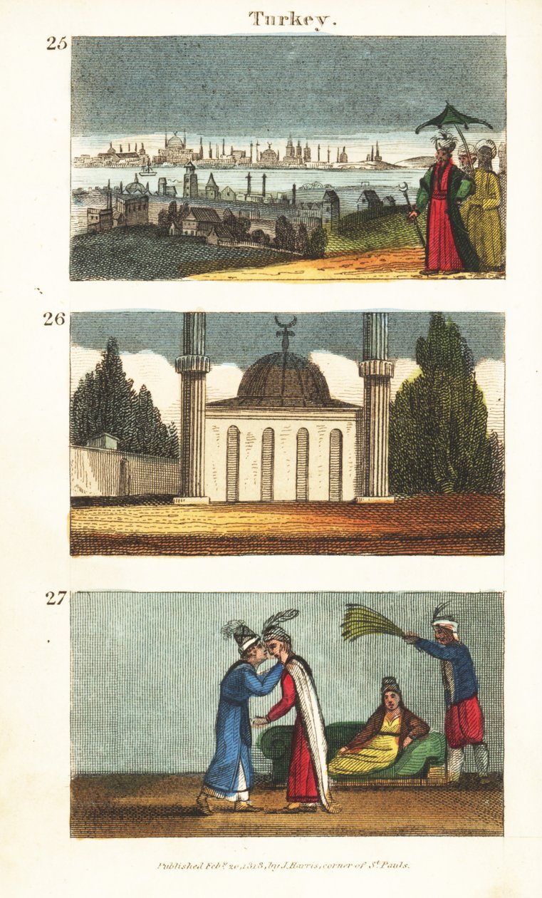 Udsigt over Konstantinopel (Istanbul) i begyndelsen af det 19. århundrede 25, muslimsk moské med kuppel og minareter 26, og unge græske kvinder, der kysser hinanden på øjnene 27 af English School